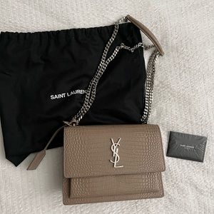 Saint Laurent Sunset Croc Medium Bag Taupe